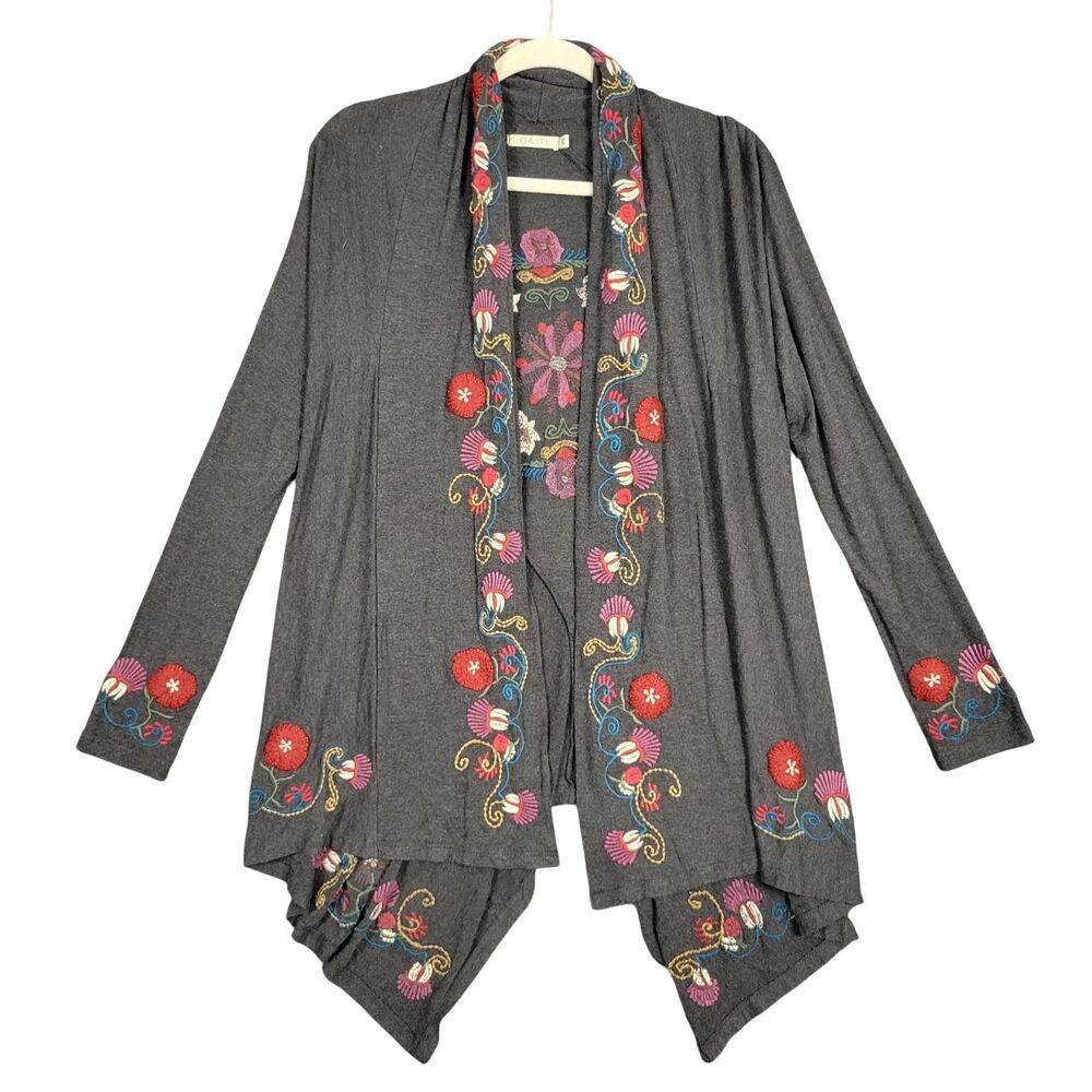 Anthropologie CAITE Gray Floral Embroidered Waterfall Cardigan Boho SIZE XS